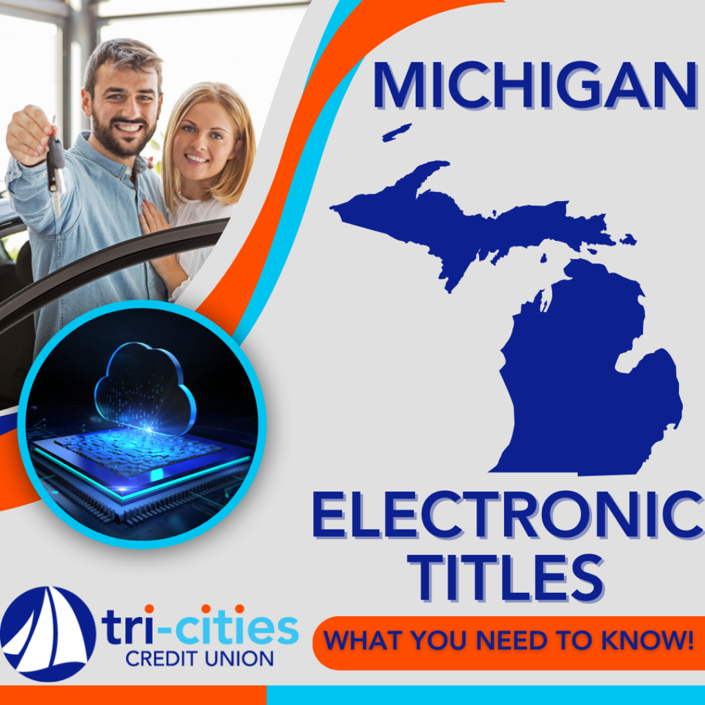 Couple holding car keys in ad for Michigan's new electronic title service.