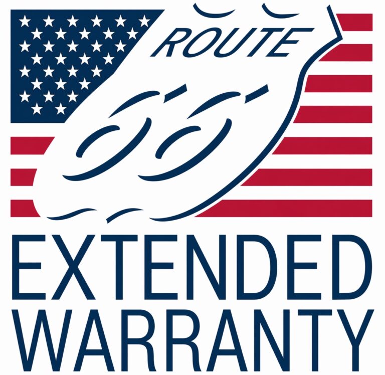 The logo for Route 66 Extended Warranty Company. A highway sign on an American flag.