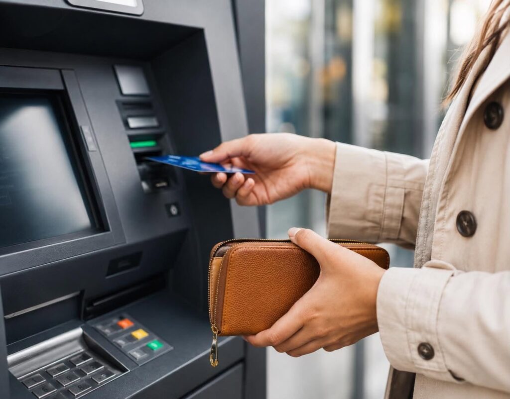 Woman using an ATM.