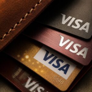 Three VISA cards protruding out of a wallet.