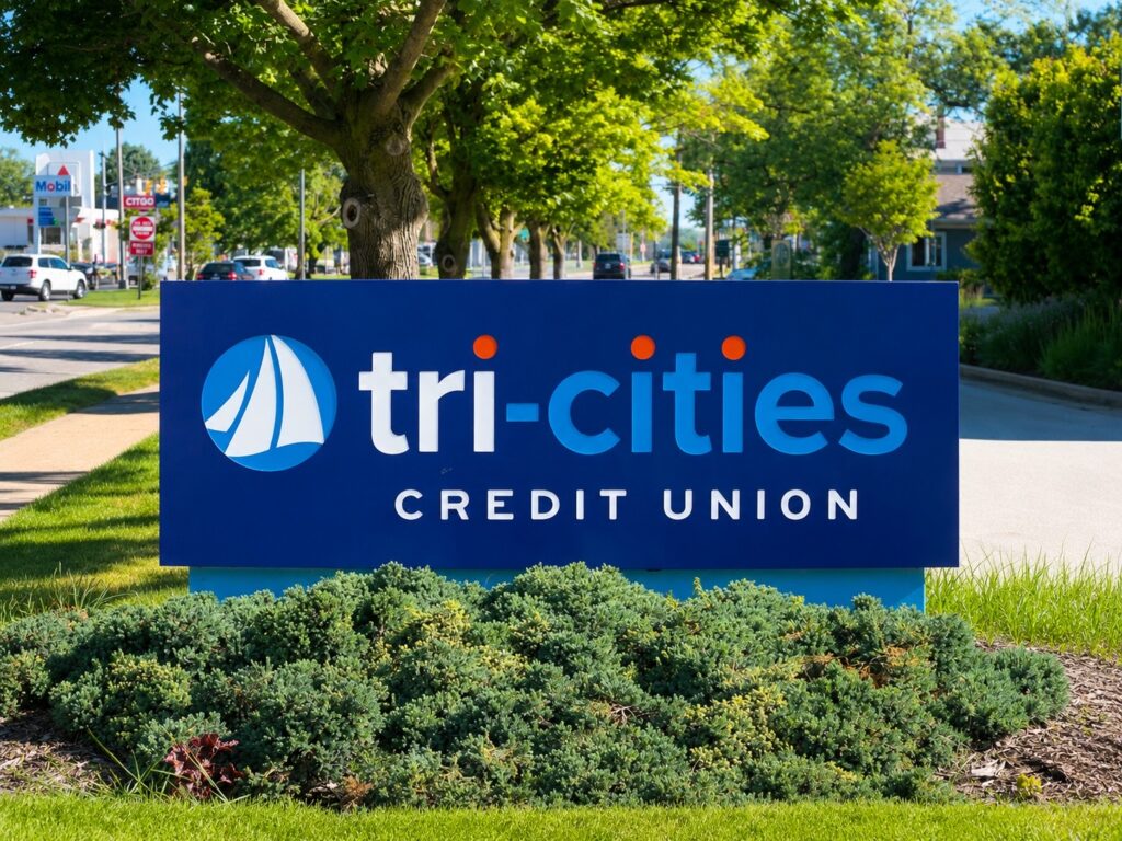 closeup of the TCCU sign by the highway.