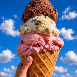 An ice cream cone in the summer.