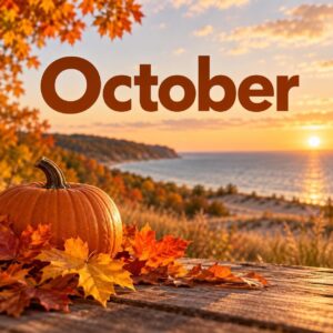 A Michigan beach in October with leaves changing color.